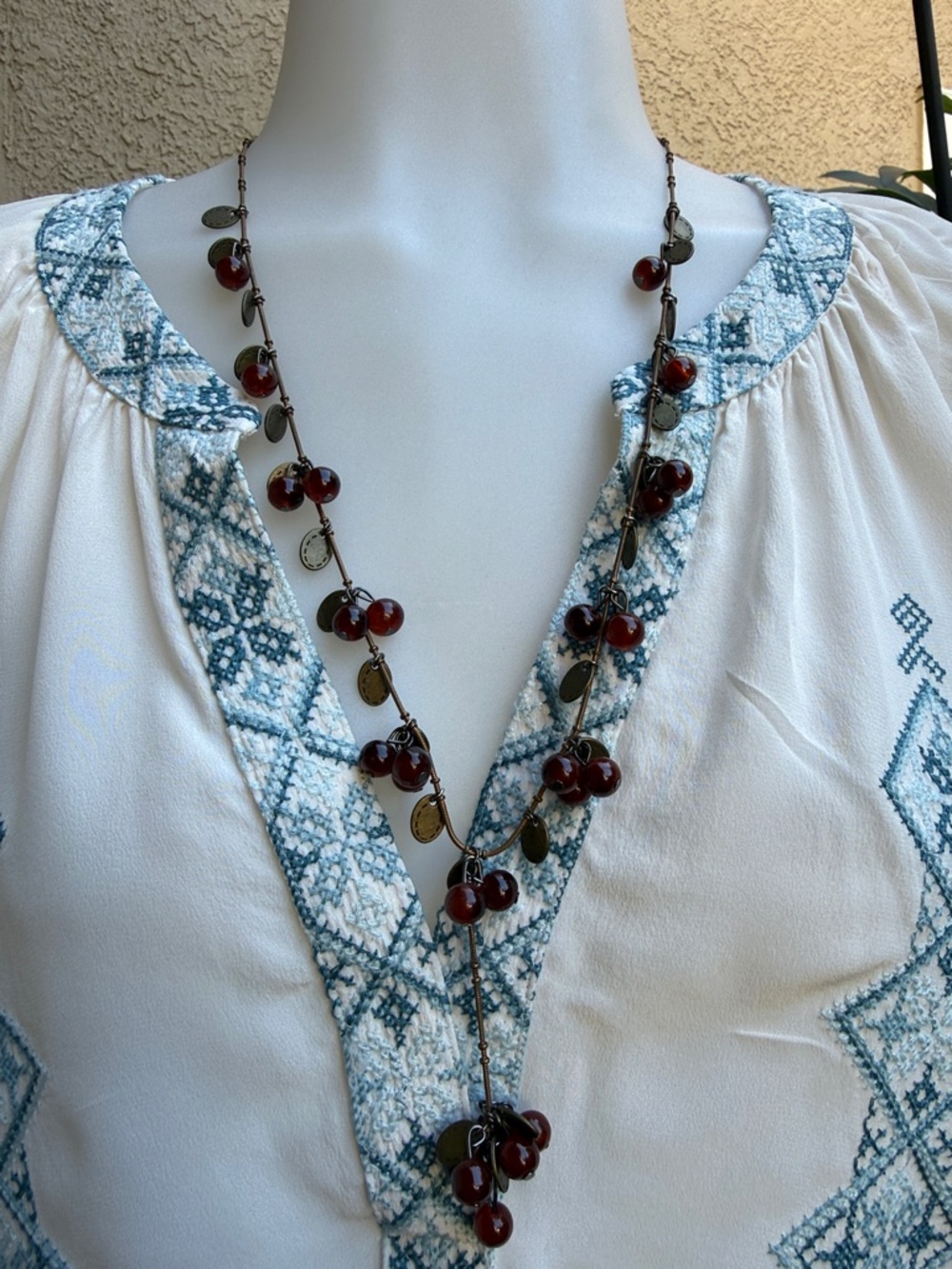 Vintage Long Burgundy Polished Agate Bead and Leaf Pendant Necklace and Bracelet